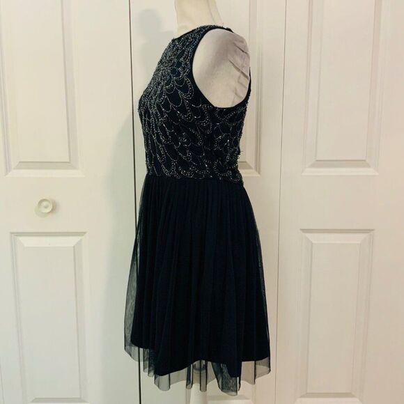 Lace & Beads Navy Blue Beaded Tulle Pleated Skirt Dress Medium - Picture 3 of 13